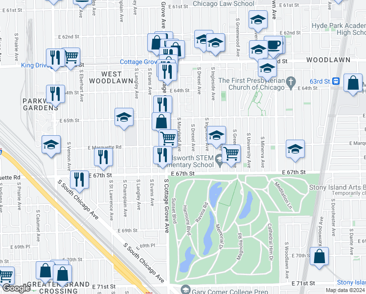 map of restaurants, bars, coffee shops, grocery stores, and more near 6601 South Maryland Avenue in Chicago