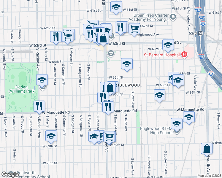 map of restaurants, bars, coffee shops, grocery stores, and more near 6537 South Emerald Avenue in Chicago