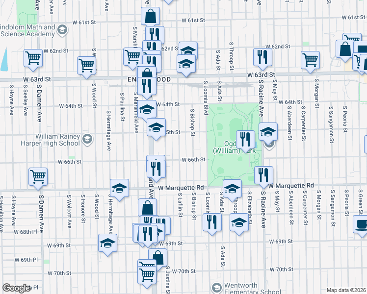 map of restaurants, bars, coffee shops, grocery stores, and more near 6527 South Laflin Street in Chicago