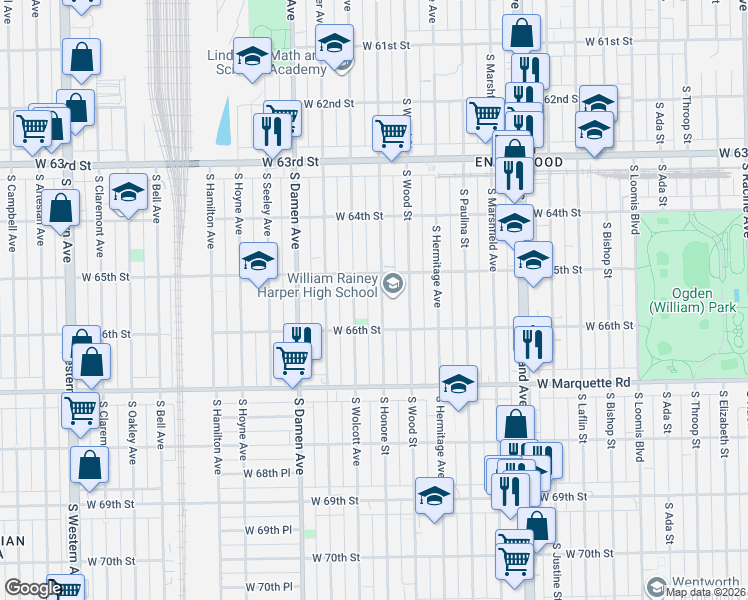 map of restaurants, bars, coffee shops, grocery stores, and more near 6522 South Honore Street in Chicago