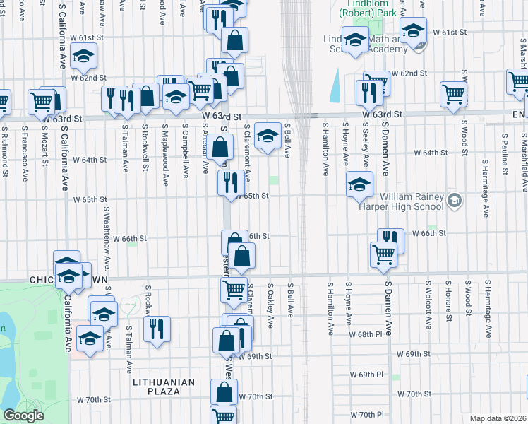 map of restaurants, bars, coffee shops, grocery stores, and more near 6523 South Oakley Avenue in Chicago