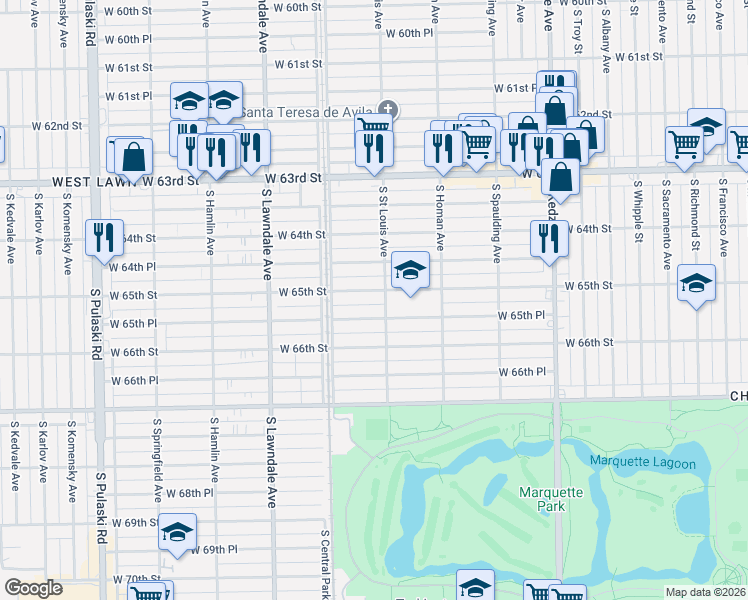 map of restaurants, bars, coffee shops, grocery stores, and more near 3515 West 65th Street in Chicago