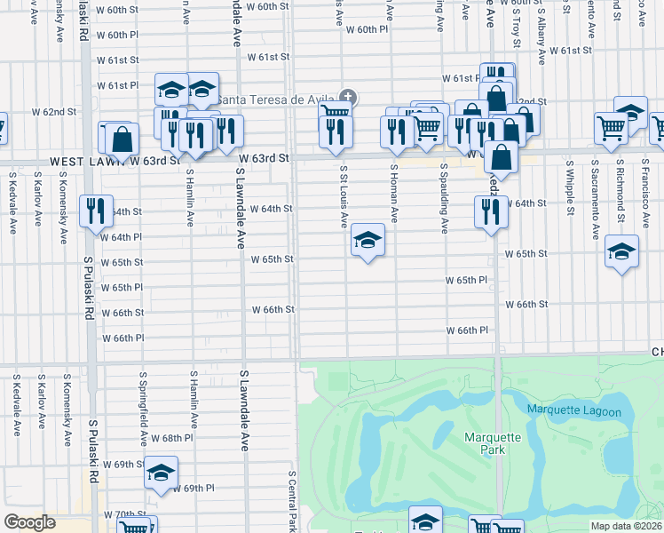 map of restaurants, bars, coffee shops, grocery stores, and more near 3515 West 65th Street in Chicago