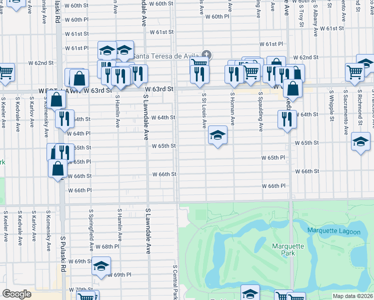 map of restaurants, bars, coffee shops, grocery stores, and more near 3557 West 65th Street in Chicago