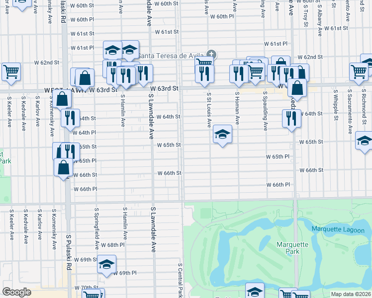 map of restaurants, bars, coffee shops, grocery stores, and more near 3557 West 65th Street in Chicago