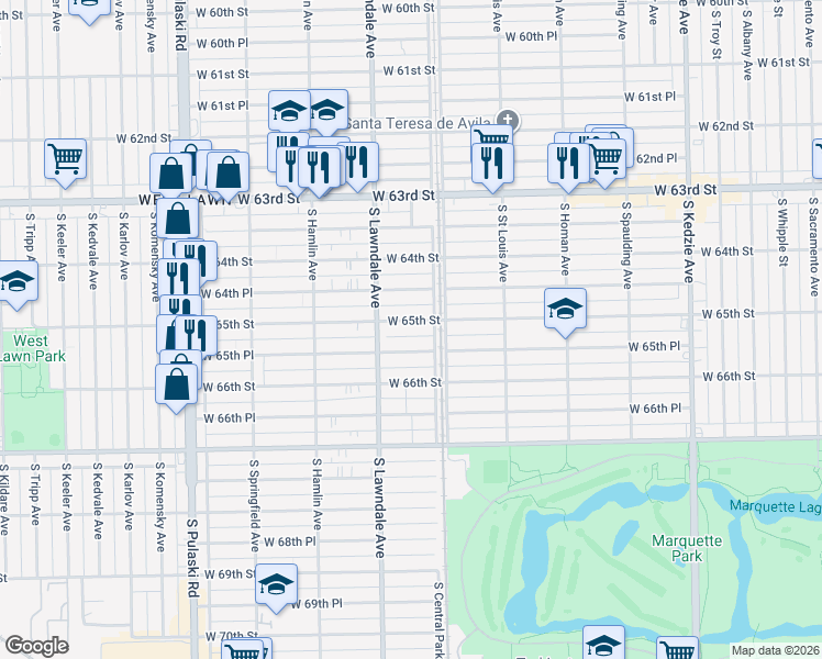 map of restaurants, bars, coffee shops, grocery stores, and more near 3625 West 65th Street in Chicago