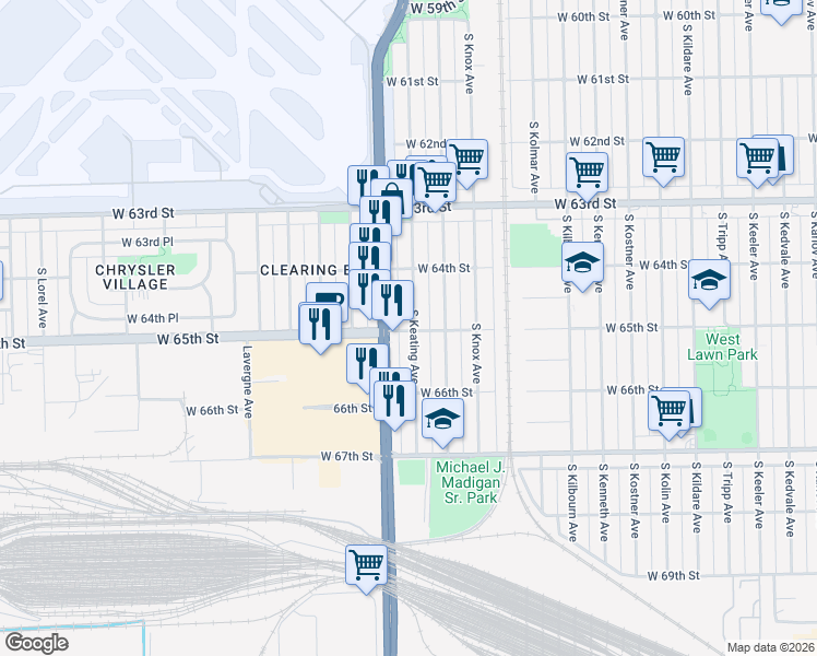 map of restaurants, bars, coffee shops, grocery stores, and more near 6452 South Keating Avenue in Chicago