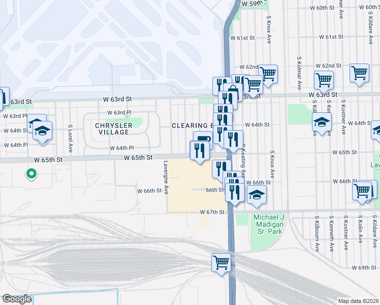 map of restaurants, bars, coffee shops, grocery stores, and more near 6453 South Laporte Avenue in Chicago