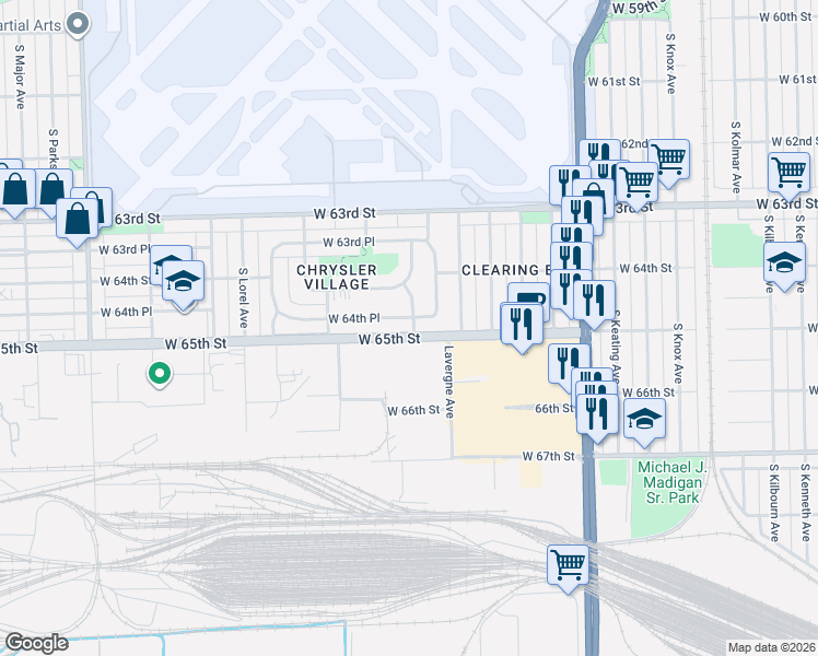 map of restaurants, bars, coffee shops, grocery stores, and more near 5035 West 64th Place in Chicago