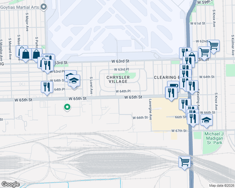 map of restaurants, bars, coffee shops, grocery stores, and more near 5171 West 64th Place in Chicago