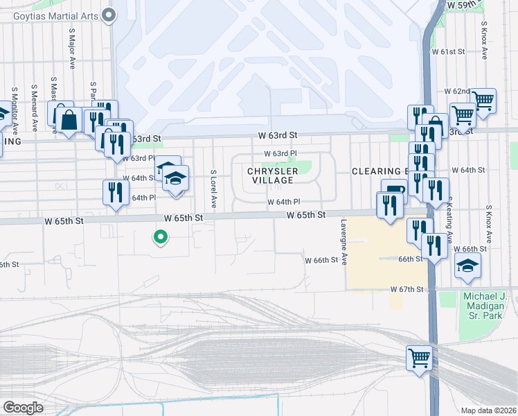 map of restaurants, bars, coffee shops, grocery stores, and more near 5231 West 64th Place in Chicago