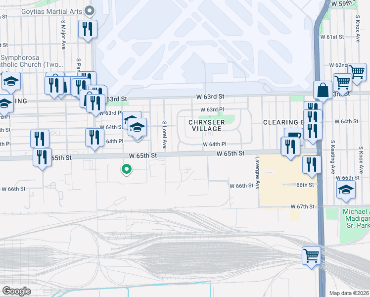 map of restaurants, bars, coffee shops, grocery stores, and more near 6448 South Lockwood Avenue in Chicago