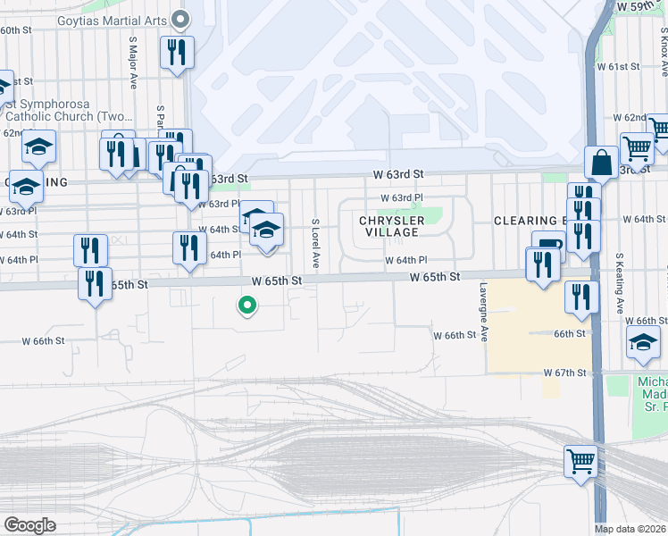 map of restaurants, bars, coffee shops, grocery stores, and more near 6443-6449 South Lockwood Avenue in Chicago