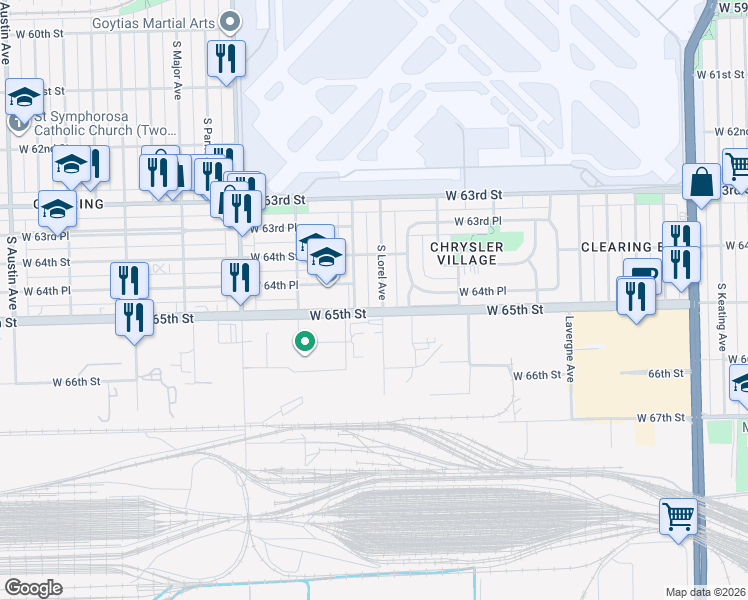 map of restaurants, bars, coffee shops, grocery stores, and more near 6442 South Lorel Avenue in Chicago