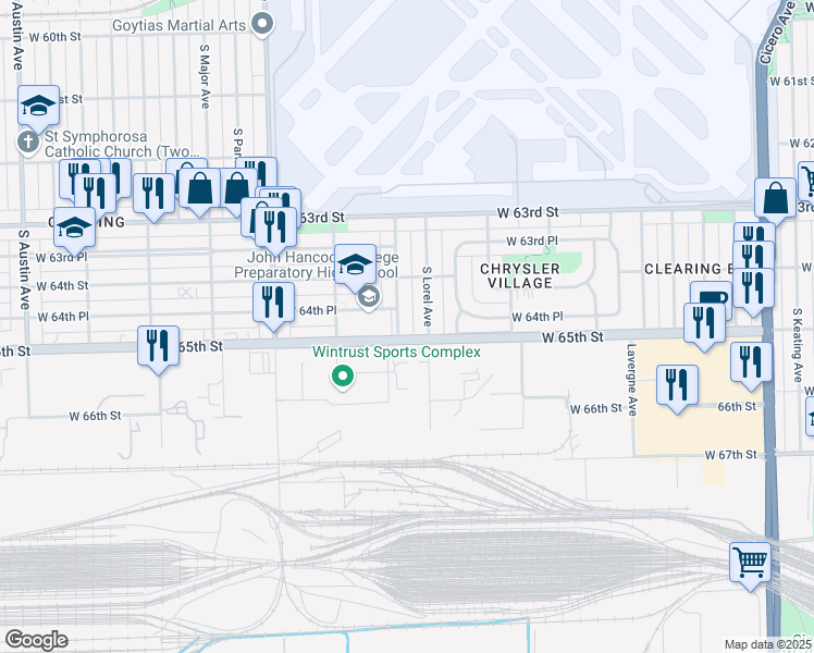 map of restaurants, bars, coffee shops, grocery stores, and more near 6442 South Lorel Avenue in Chicago