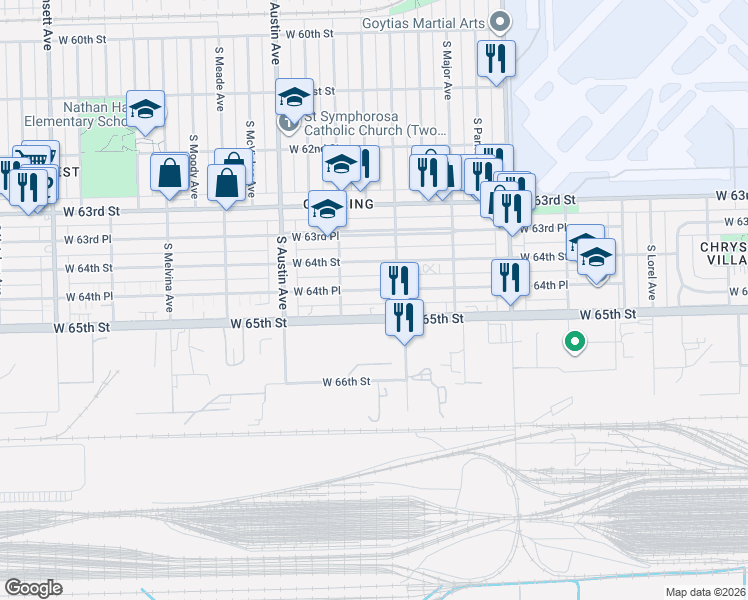 map of restaurants, bars, coffee shops, grocery stores, and more near 5837 West 64th Place in Chicago