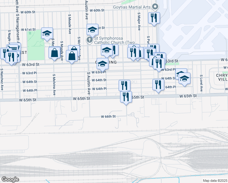 map of restaurants, bars, coffee shops, grocery stores, and more near 5837 West 64th Place in Chicago