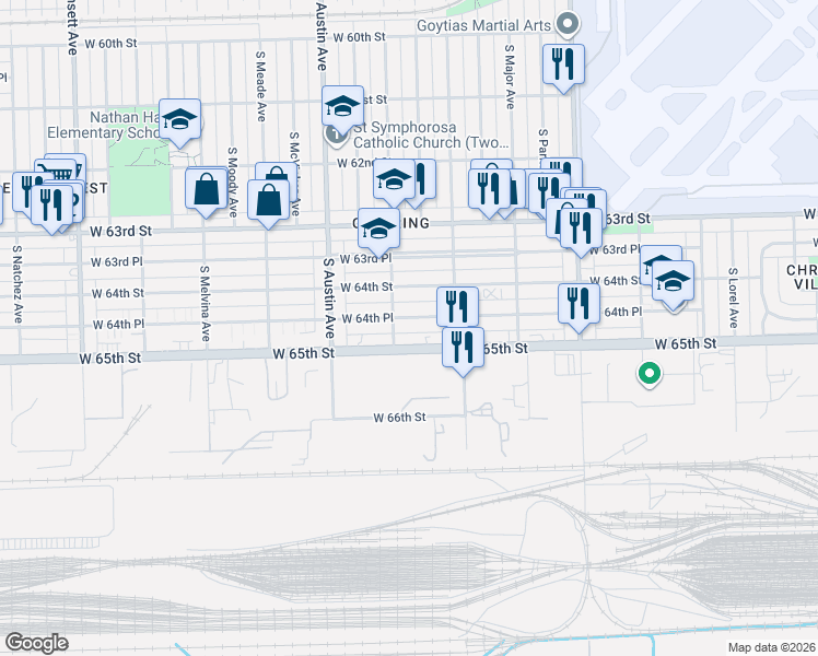 map of restaurants, bars, coffee shops, grocery stores, and more near 5837 West 64th Place in Chicago