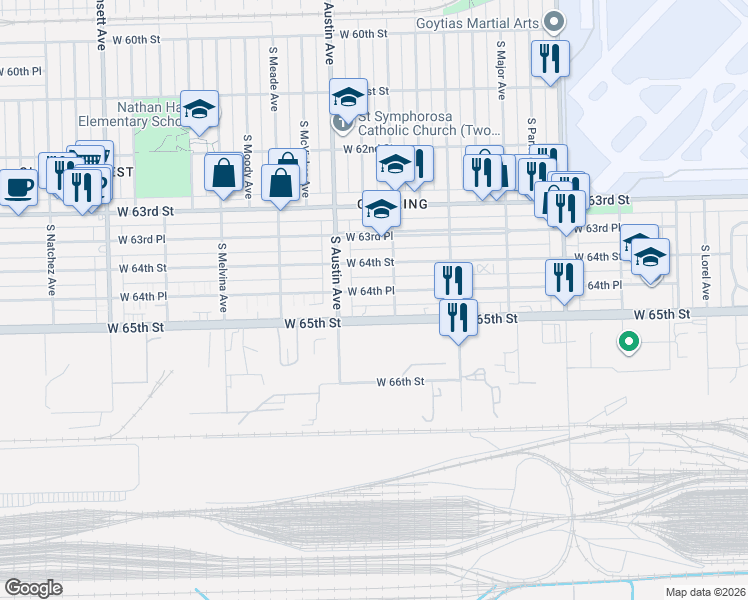 map of restaurants, bars, coffee shops, grocery stores, and more near 5911 West 64th Place in Chicago