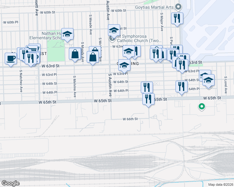 map of restaurants, bars, coffee shops, grocery stores, and more near 6435 South Austin Avenue in Chicago