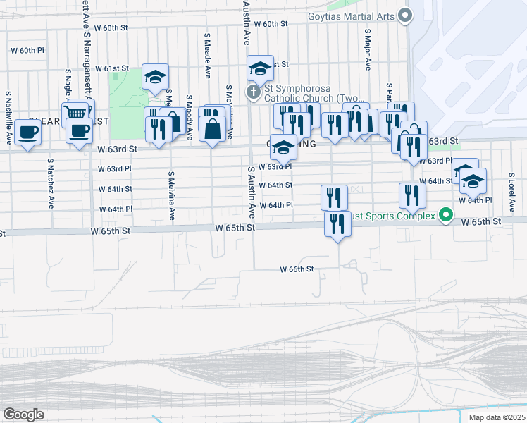 map of restaurants, bars, coffee shops, grocery stores, and more near 6435 South Austin Avenue in Chicago