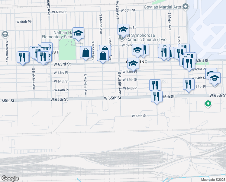 map of restaurants, bars, coffee shops, grocery stores, and more near 6029 West 64th Place in Chicago