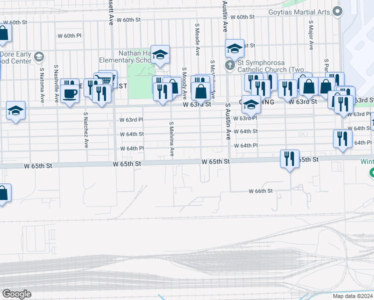 map of restaurants, bars, coffee shops, grocery stores, and more near 6145 West 64th Place in Chicago