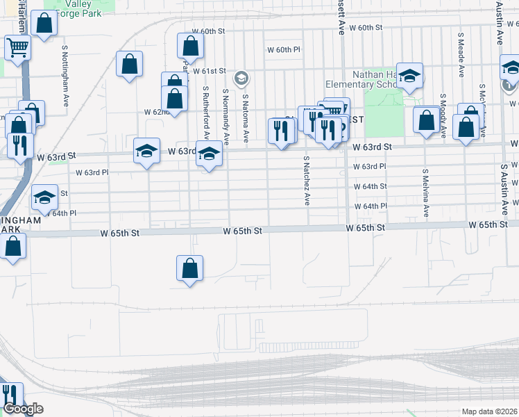 map of restaurants, bars, coffee shops, grocery stores, and more near 6556 West 64th Place in Chicago