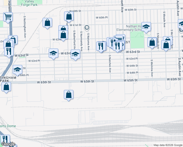 map of restaurants, bars, coffee shops, grocery stores, and more near 6634 West 64th Place in Chicago