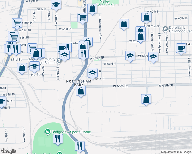 map of restaurants, bars, coffee shops, grocery stores, and more near 7128 West 64th Place in Chicago