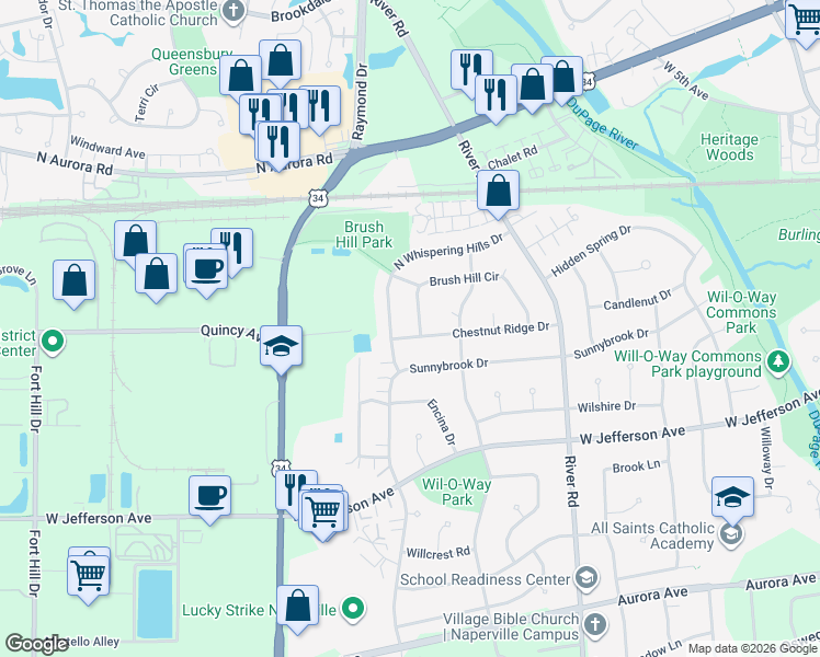 map of restaurants, bars, coffee shops, grocery stores, and more near 24 North Whispering Hills Drive in Naperville