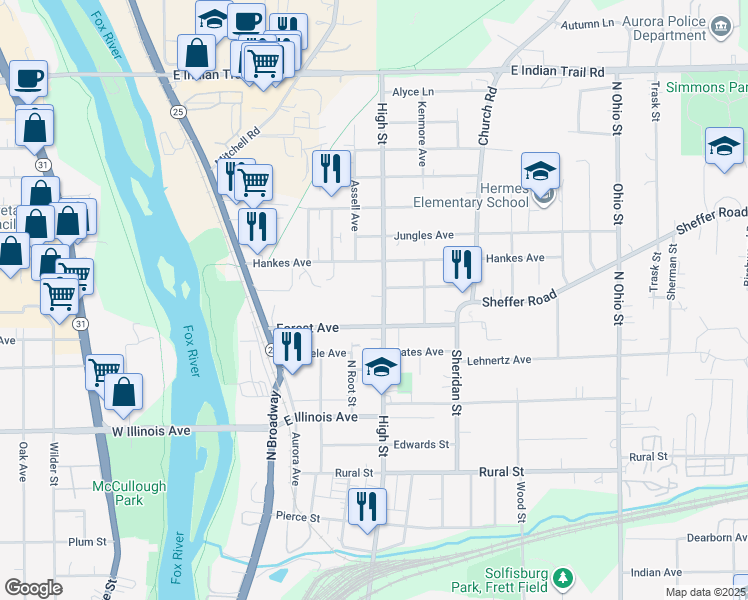 map of restaurants, bars, coffee shops, grocery stores, and more near 822 High Street in Aurora