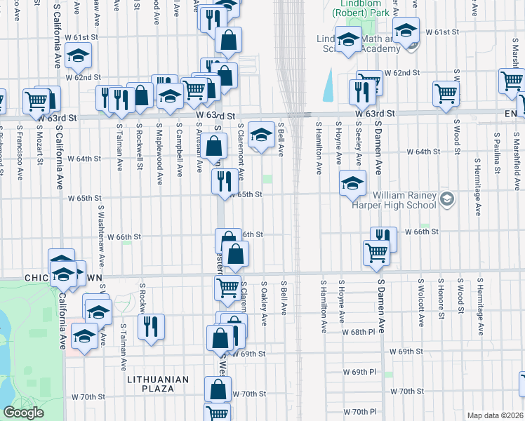 map of restaurants, bars, coffee shops, grocery stores, and more near 6523 South Oakley Avenue in Chicago