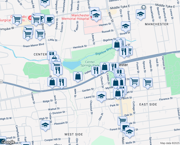 map of restaurants, bars, coffee shops, grocery stores, and more near 60 Winter Street in Manchester