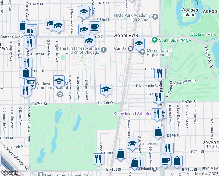 map of restaurants, bars, coffee shops, grocery stores, and more near 1311 East Marquette Road in Chicago