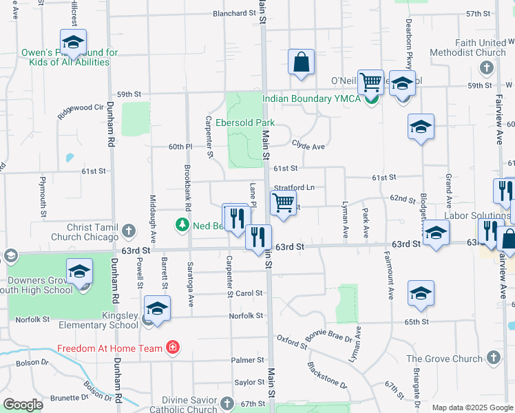 map of restaurants, bars, coffee shops, grocery stores, and more near 6125 Lane Place in Downers Grove
