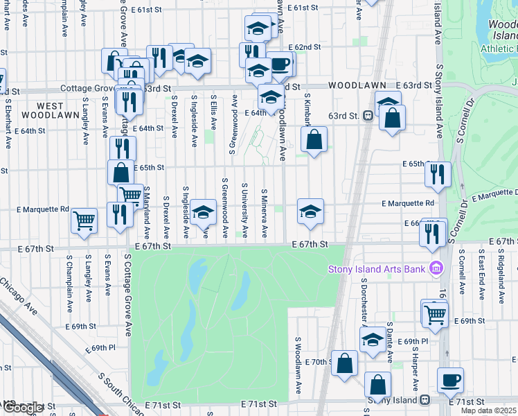 map of restaurants, bars, coffee shops, grocery stores, and more near 6601 South Minerva Avenue in Chicago