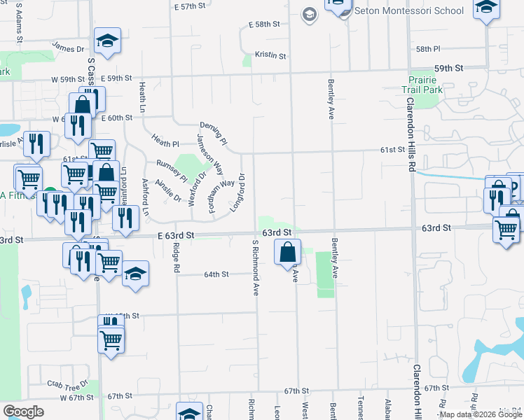 map of restaurants, bars, coffee shops, grocery stores, and more near 6225 South Richmond Avenue in Willowbrook