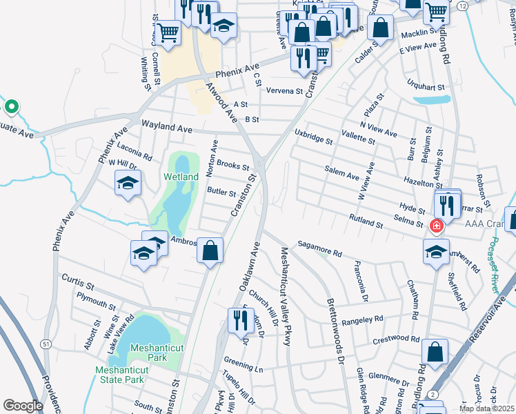 map of restaurants, bars, coffee shops, grocery stores, and more near 65 Oaklawn Avenue in Cranston