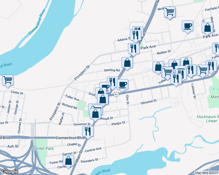 map of restaurants, bars, coffee shops, grocery stores, and more near 1231 Main Street in East Hartford