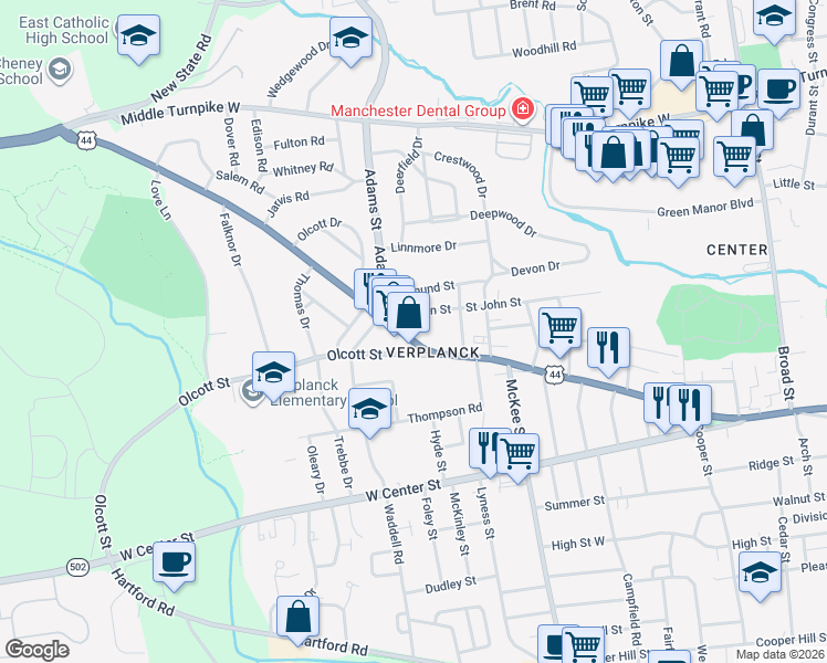 map of restaurants, bars, coffee shops, grocery stores, and more near 633 Center Street in Manchester