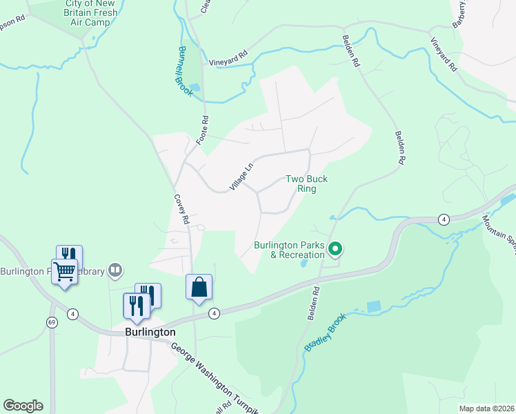map of restaurants, bars, coffee shops, grocery stores, and more near 11 West Woods Road in Burlington