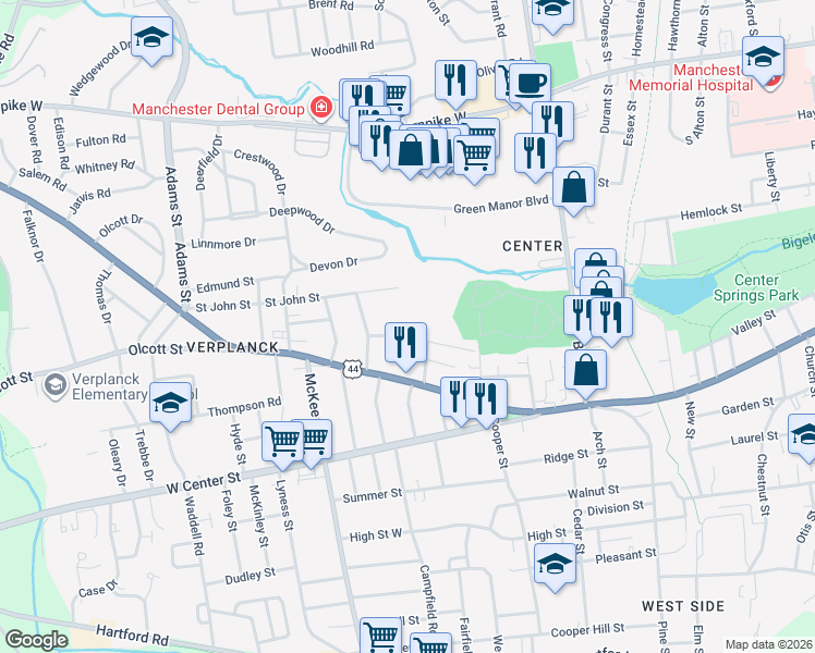 map of restaurants, bars, coffee shops, grocery stores, and more near 49 Ridgewood Street in Manchester