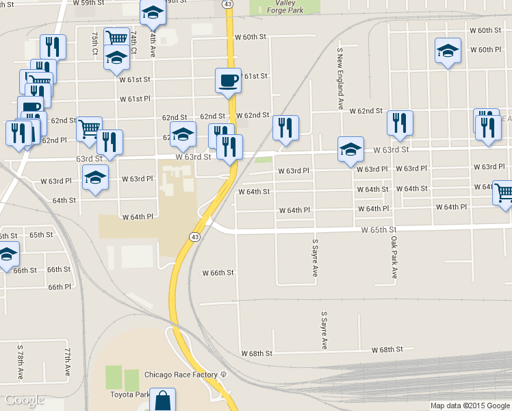 map of restaurants, bars, coffee shops, grocery stores, and more near 7128 West 64th Place in Chicago