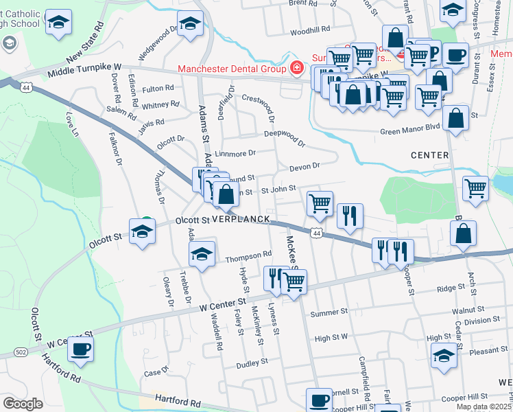map of restaurants, bars, coffee shops, grocery stores, and more near 20 Fairview Street in Manchester
