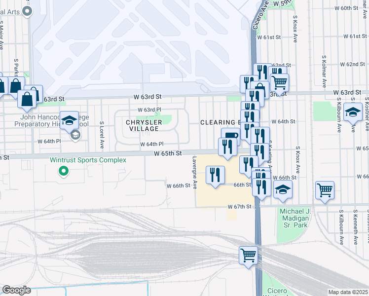 map of restaurants, bars, coffee shops, grocery stores, and more near 5035 W 64th Pl in Chicago