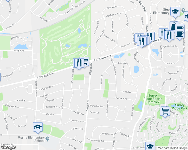 map of restaurants, bars, coffee shops, grocery stores, and more near 92 Olesen Drive in Naperville