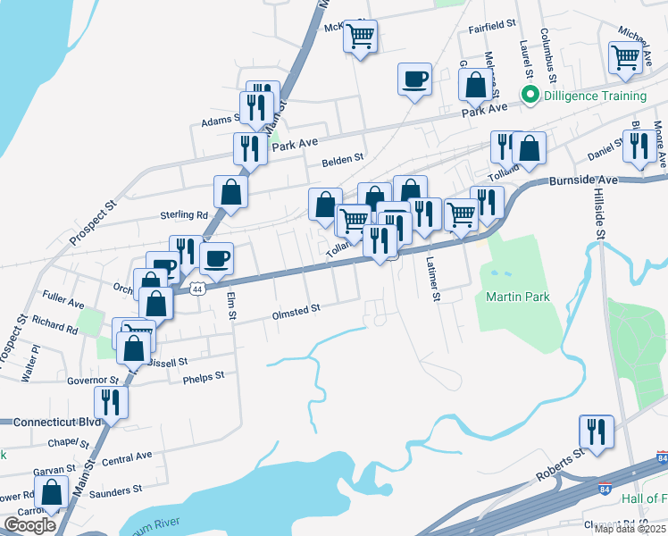 map of restaurants, bars, coffee shops, grocery stores, and more near 149 Burnside Avenue in East Hartford