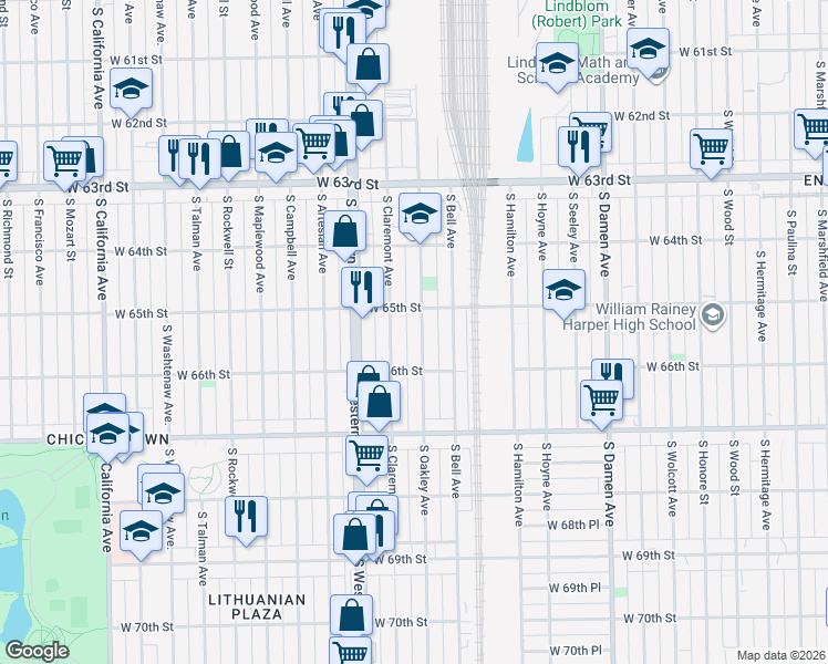 map of restaurants, bars, coffee shops, grocery stores, and more near 6523 South Oakley Avenue in Chicago