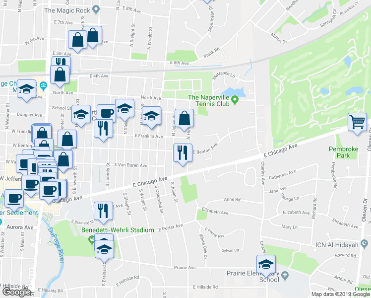 map of restaurants, bars, coffee shops, grocery stores, and more near 5 North Huffman Street in Naperville